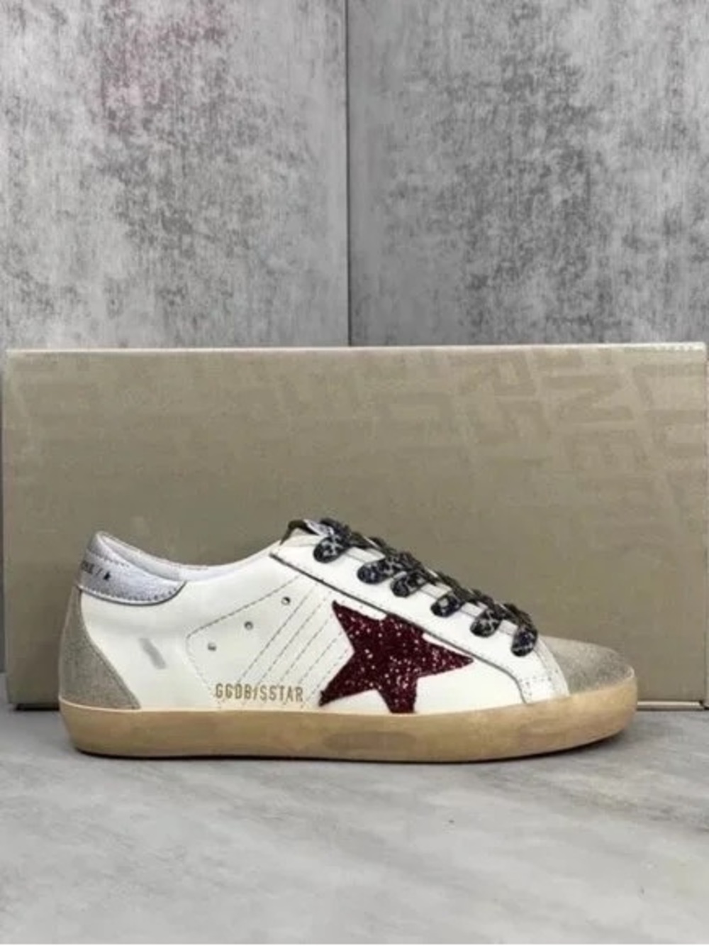 Golden Goose White Sneakers with Burgundy Glitter Star